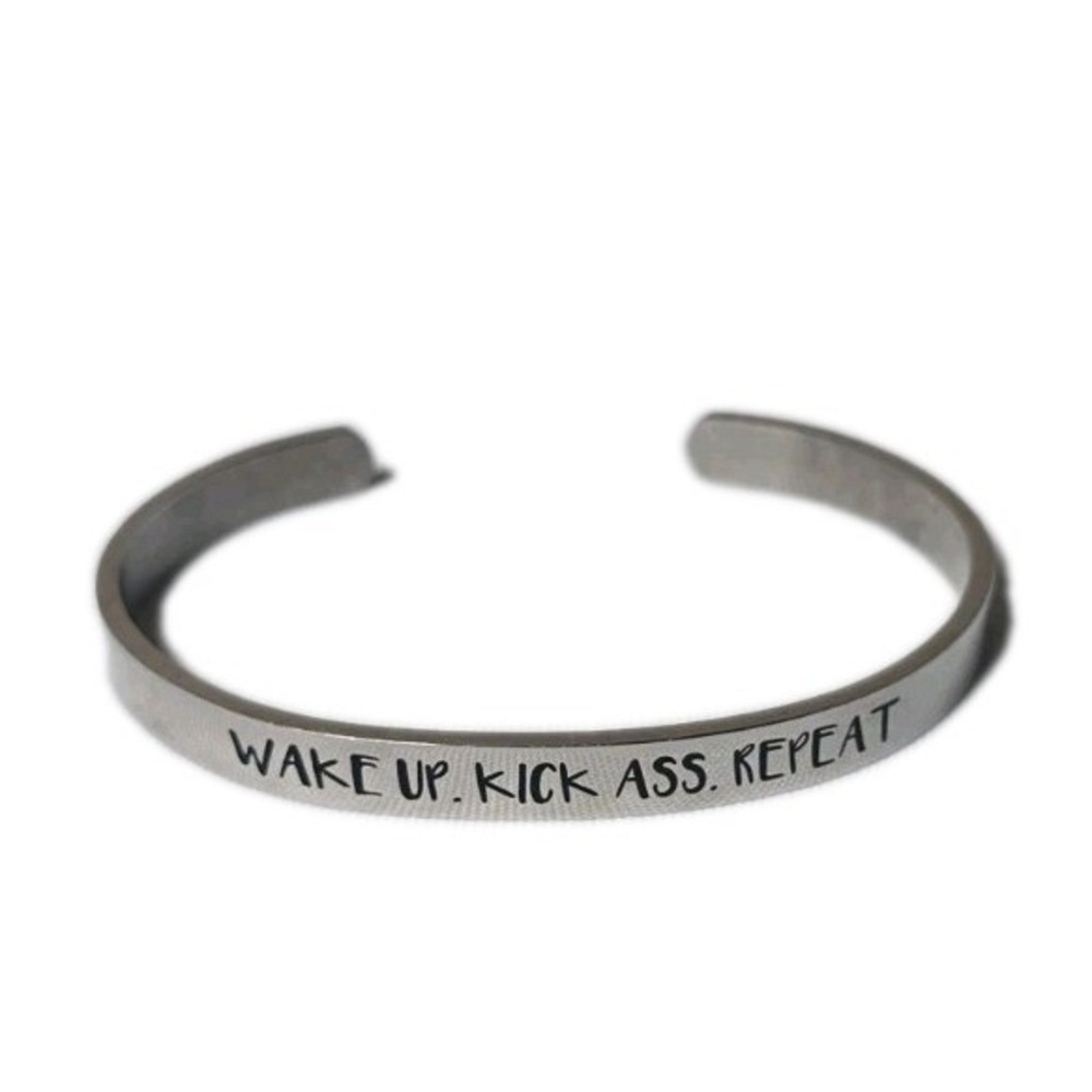 Wake Up Kick Ass Repeat Cuff Bracelet Unisex Stainless Steel Novelty